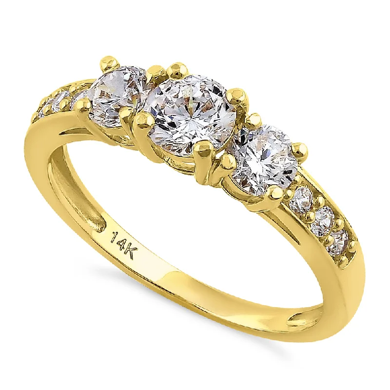 Solid 14K Yellow Gold Classic 5mm Triple Round Cut CZ Engagement Ring