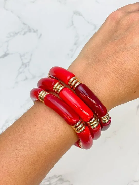 Acrylic Tube Stretch Bracelet Set - Red