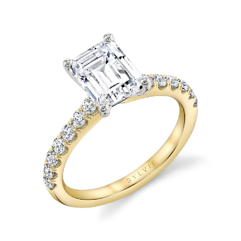 Engagement Ring Emerald Cut Semi-Mount 14K Yellow Gold and Diamond .42ctw (100102)