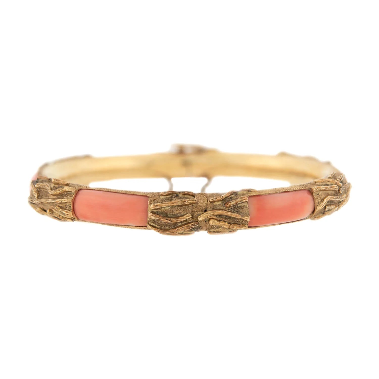 Estate 14k Gold & Coral Hinged Bangle Bracelet