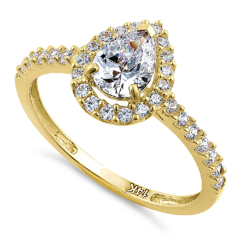 Solid 14K Yellow Gold Pear Cut Halo CZ Engagement Ring