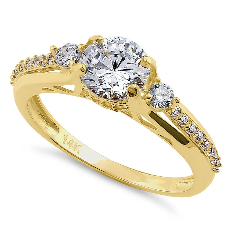 Solid 14K Yellow Gold Triple Round Cut CZ Engagement Ring