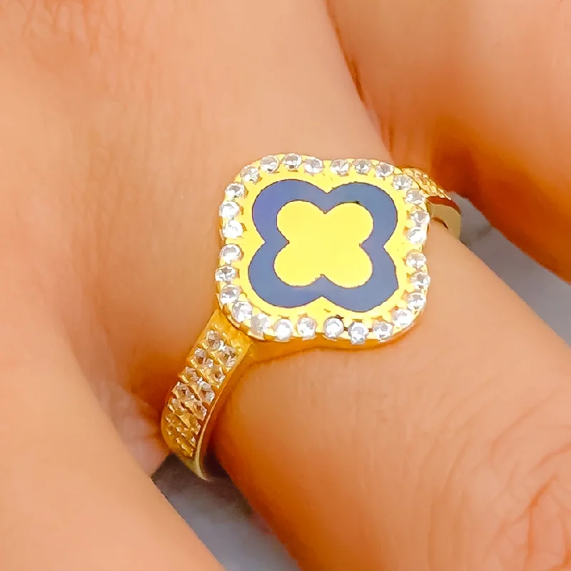 Graceful Enameled 21k Gold CZ Ring - Size 8.5