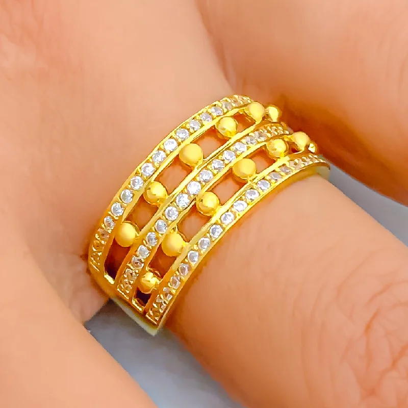 Evergreen Striped 22k Gold CZ Ring