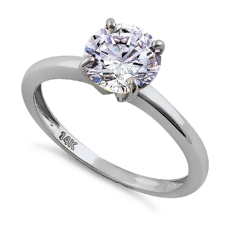 Solid 14K White Gold Solitaire Round CZ Engagement Ring