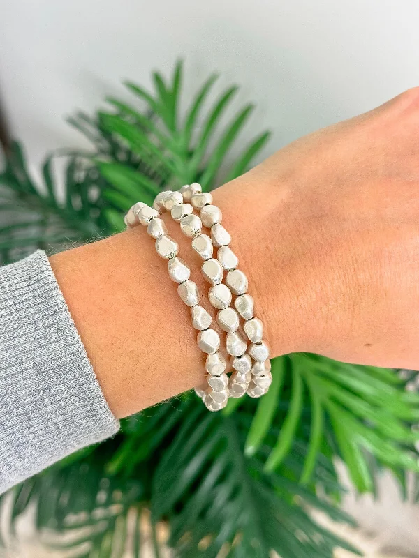 Matte Pebble Stretch Bracelet Stack - Silver