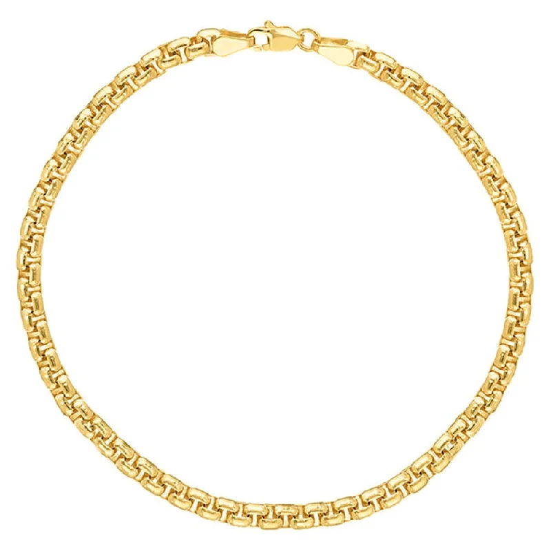 14K Yellow Gold 4mm Solid Round Box Chain Bracelet with Lobster Lock, 8.5"