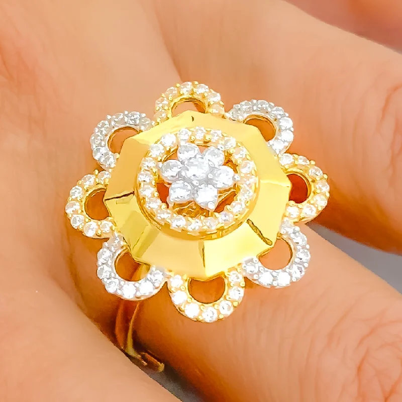 Unique Floral 22k Gold CZ Statement Ring