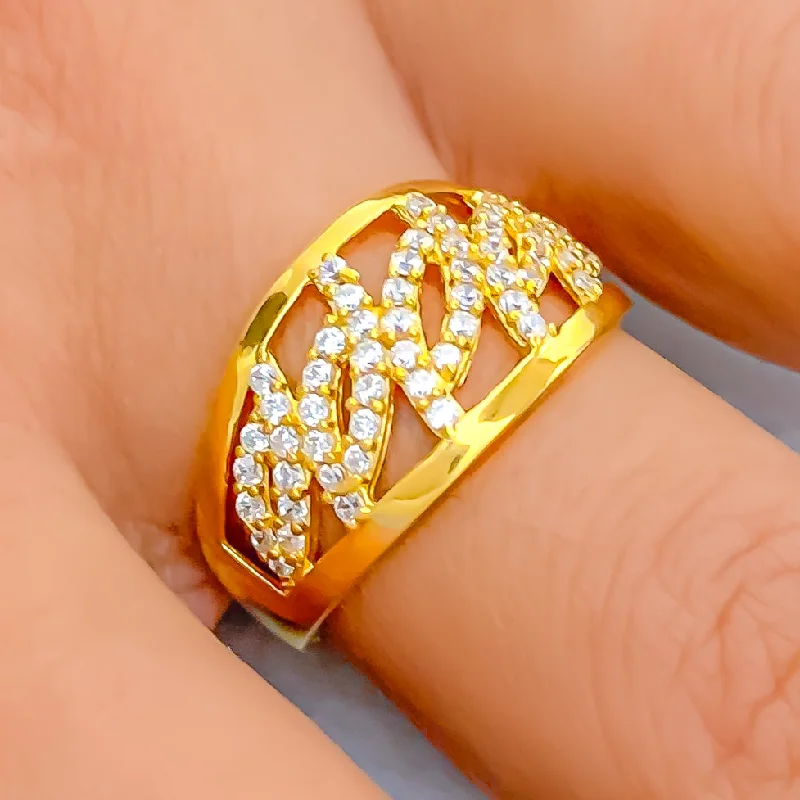 Ornate Open Leaf 22k Gold CZ Ring