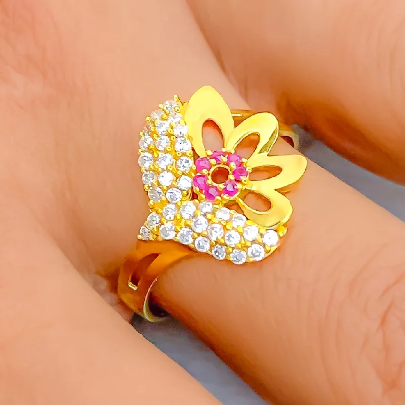 Asymmetrical Floral 22k Gold CZ Ring