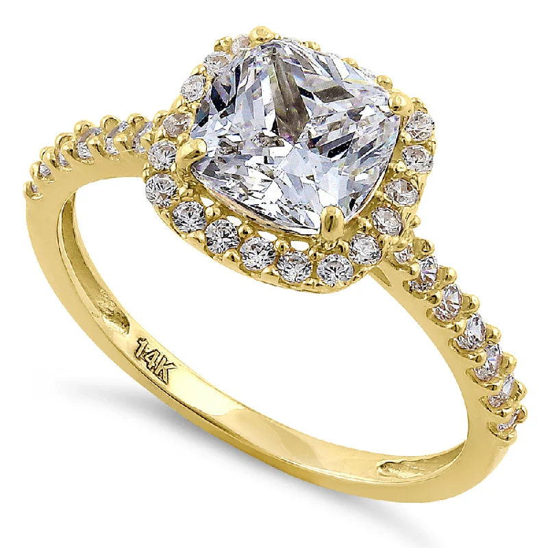 Solid 14K Yellow Gold Cushion Cut Halo CZ Engagement Ring