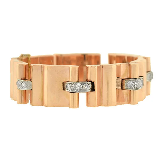 Retro 14kt Gold & Diamond Heavy Link Bracelet