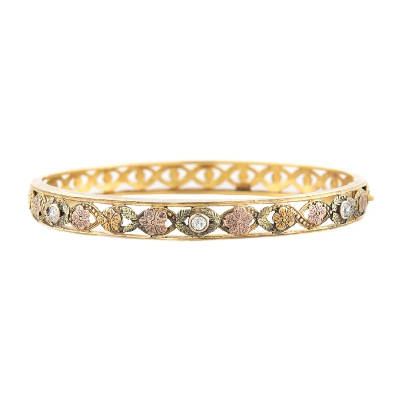 Edwardian 12k Yellow, Rose, and Green Gold Floral Diamond Bangle