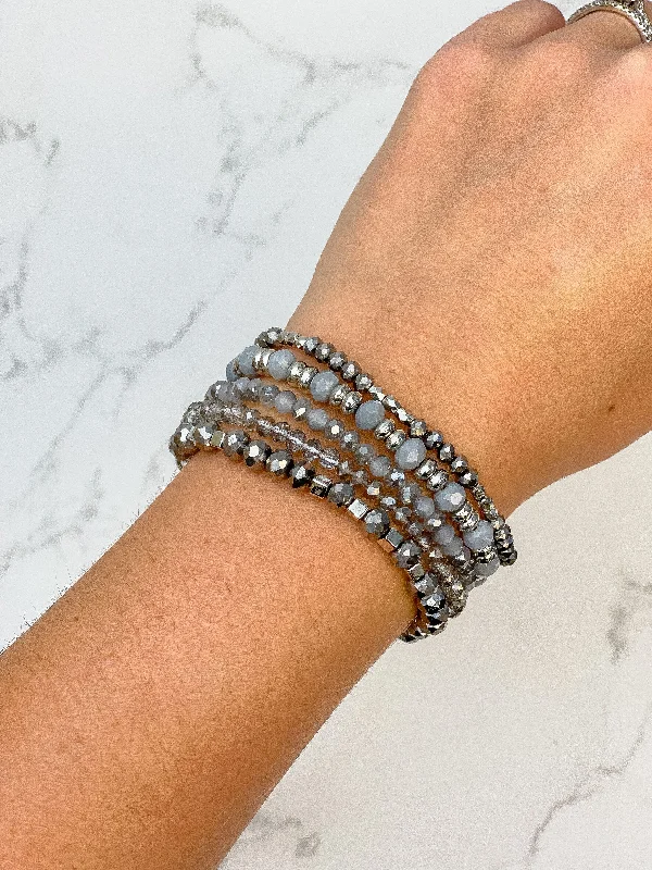 Beaded Stretch Bracelet Stack - Silver & Gray