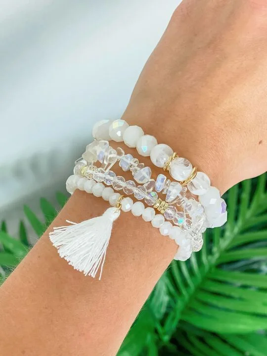 Tassel Stretch Beaded Bracelet Stack - White