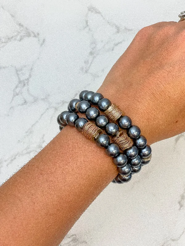 Gray Pearl Beaded Bracelet Stack