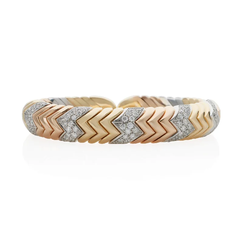 Bulgari Tri-color Gold and Diamond "Spiga" Bangle Bracelet