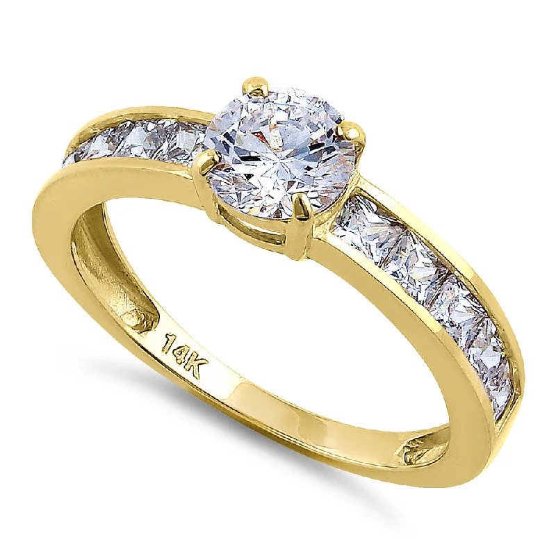 Solid 14K Yellow Gold Round & Princess Cut CZ Engagement Ring