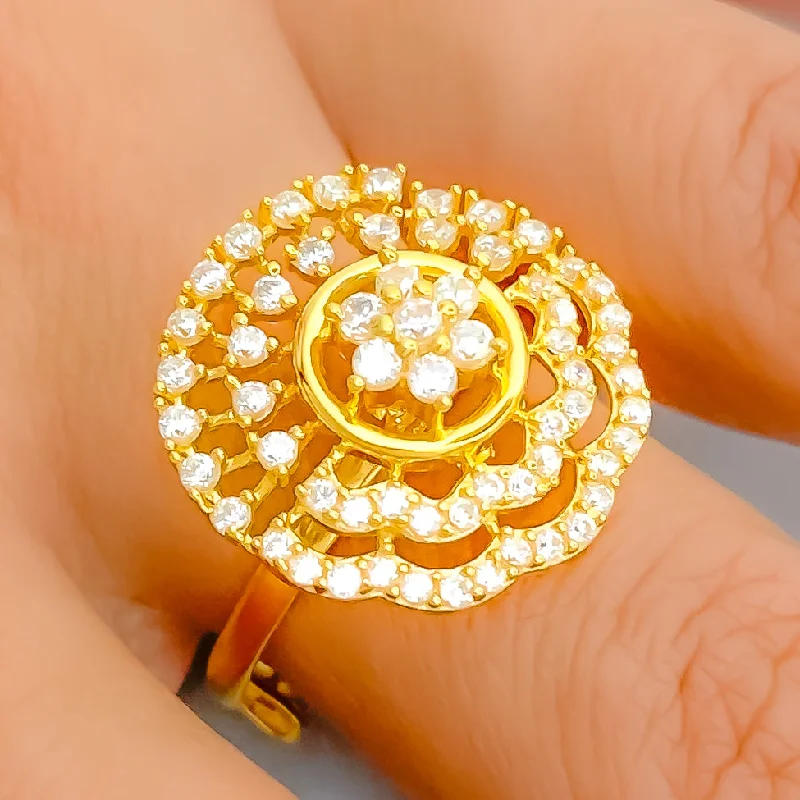 Stunning Curved Flower 22k Gold CZ Statement Ring