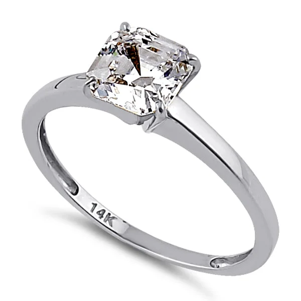 Solid 14K White Gold Asscher 6.5mm Clear CZ Engagement Ring