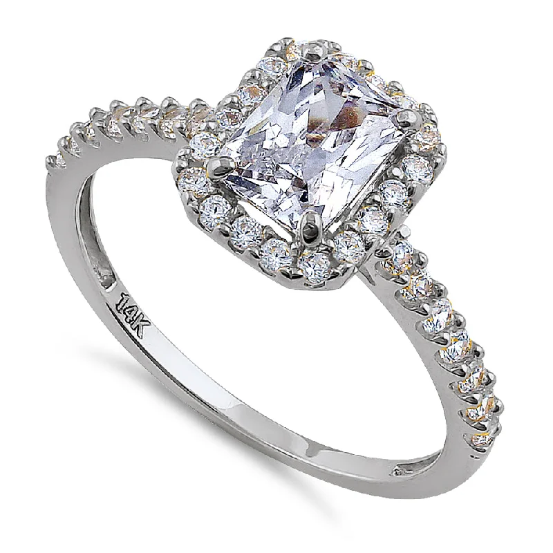 Solid 14K White Gold Radiant Cut Halo CZ Engagement Ring