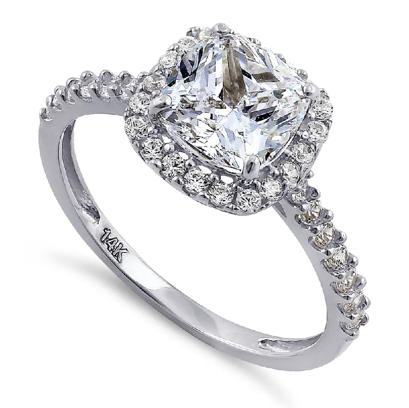 Solid 14K White Gold Cushion Cut Halo CZ Engagement Ring