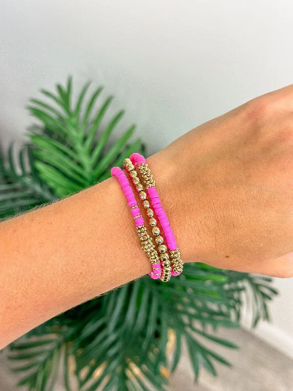 Gold & Hot Pink Stack Stretch Bracelet Set