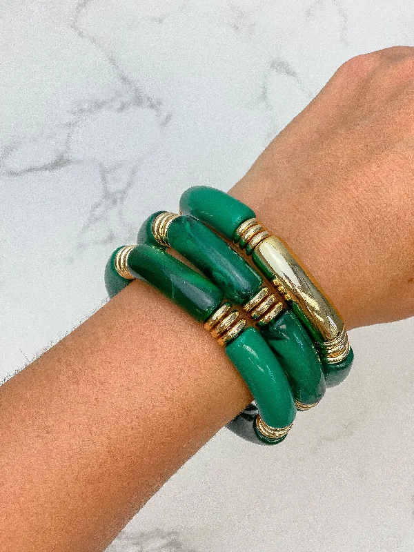 Acrylic Tube Stretch Bracelet Set - Emerald Green