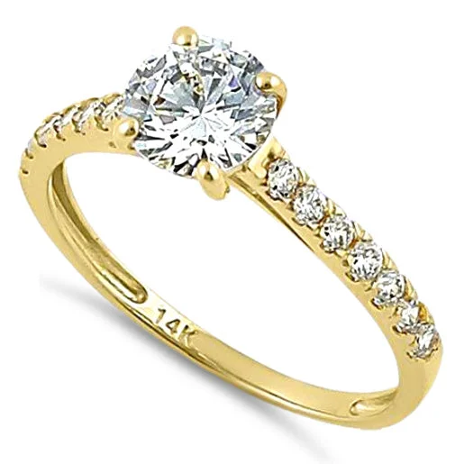 Solid 14K Yellow Gold Solitaire Round Clear CZ Engagement Ring