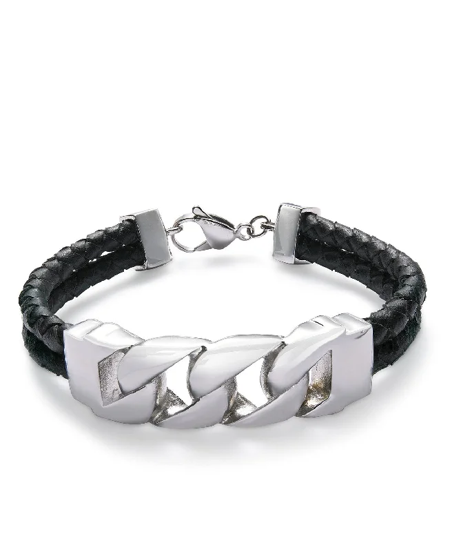 Men's Stainless Steel Black Leather Bracelet