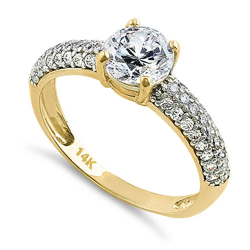 Solid 14K Yellow Gold Noble Round Clear CZ Engagement Ring