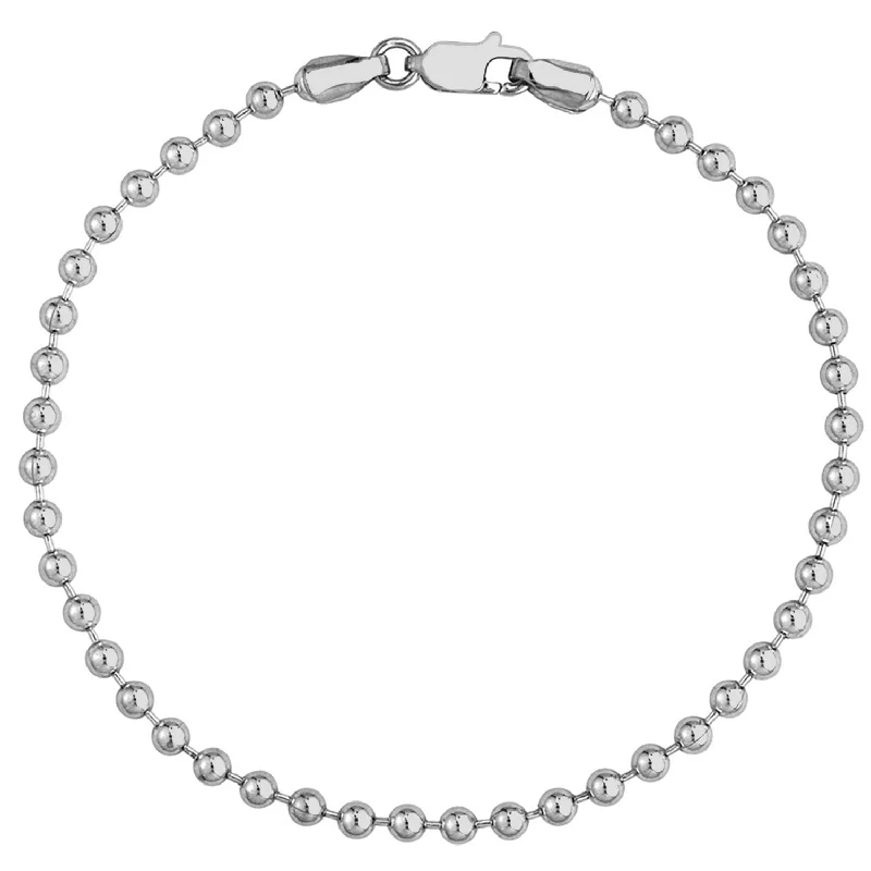 Solid 14K White Gold 3mm Bead Chain Bracelet with Lobster Lock, 8"