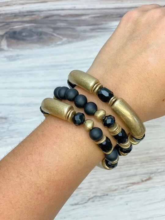 Gold Tube Beaded Stretch Bracelet Set - Black