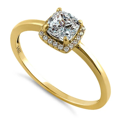 Solid 14K Yellow Gold Simple Halo Cushion Cut CZ Engagement Ring