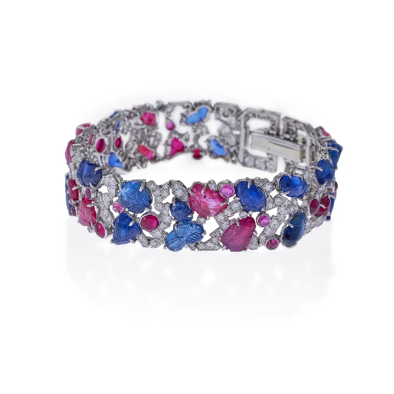 Carved Ruby, Sapphire and Diamond Tutti Frutti Strap Bracelet