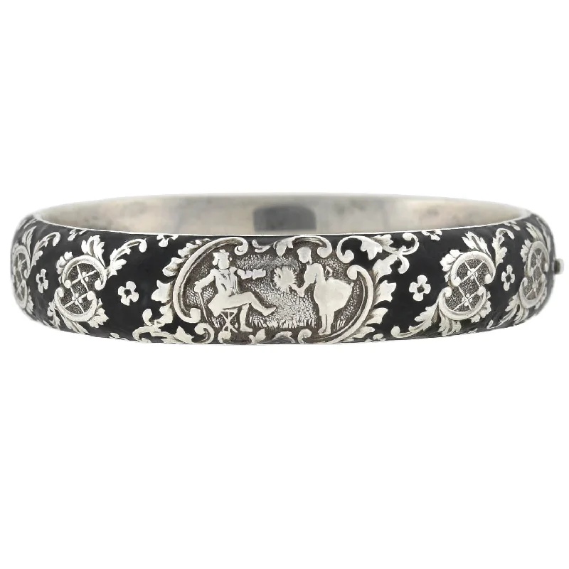 Victorian Austria-Hungarian Silver + Black Enameled Bangle Bracelet