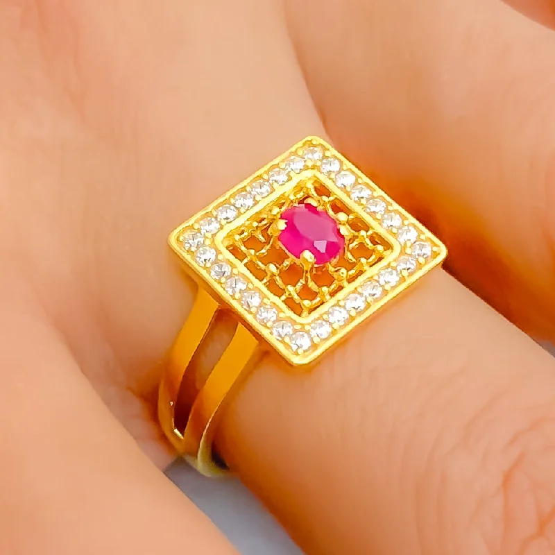 Jazzy Square 22k Gold CZ Statement Ring