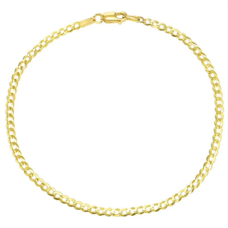 Solid 14k Yellow Gold 2.5mm Cuban Concave Curb Link Chain Bracelet with Lobster Claw Clasp